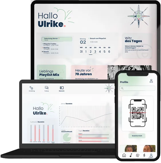 Verschiedene Ansichten der Pflegezeit App auf unterschiedlichen Geräten